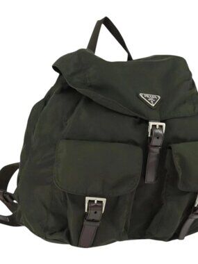 PRADA Backpack Nylon Khaki Silver Auth 165432